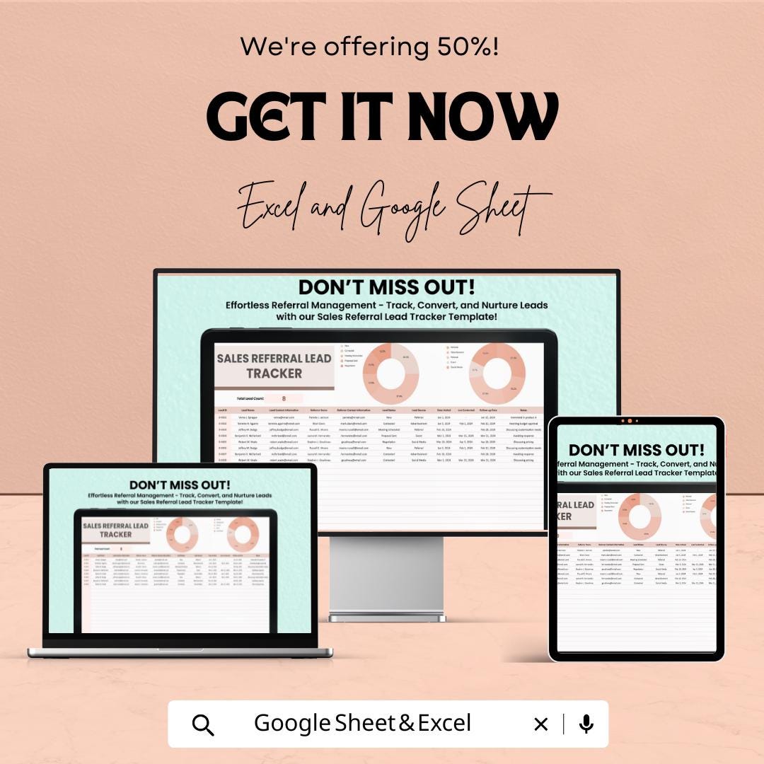 Sales Referral Lead Tracker Sheet - Excel and Google Sheets Template | 50% Off | Track, Convert & Nurture Leads