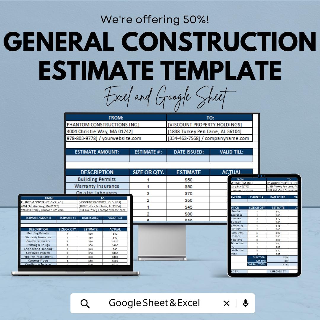 General Construction Estimate Template | Construction Cost Spreadsheet | Building Estimate Template | Excel & Google Sheets |