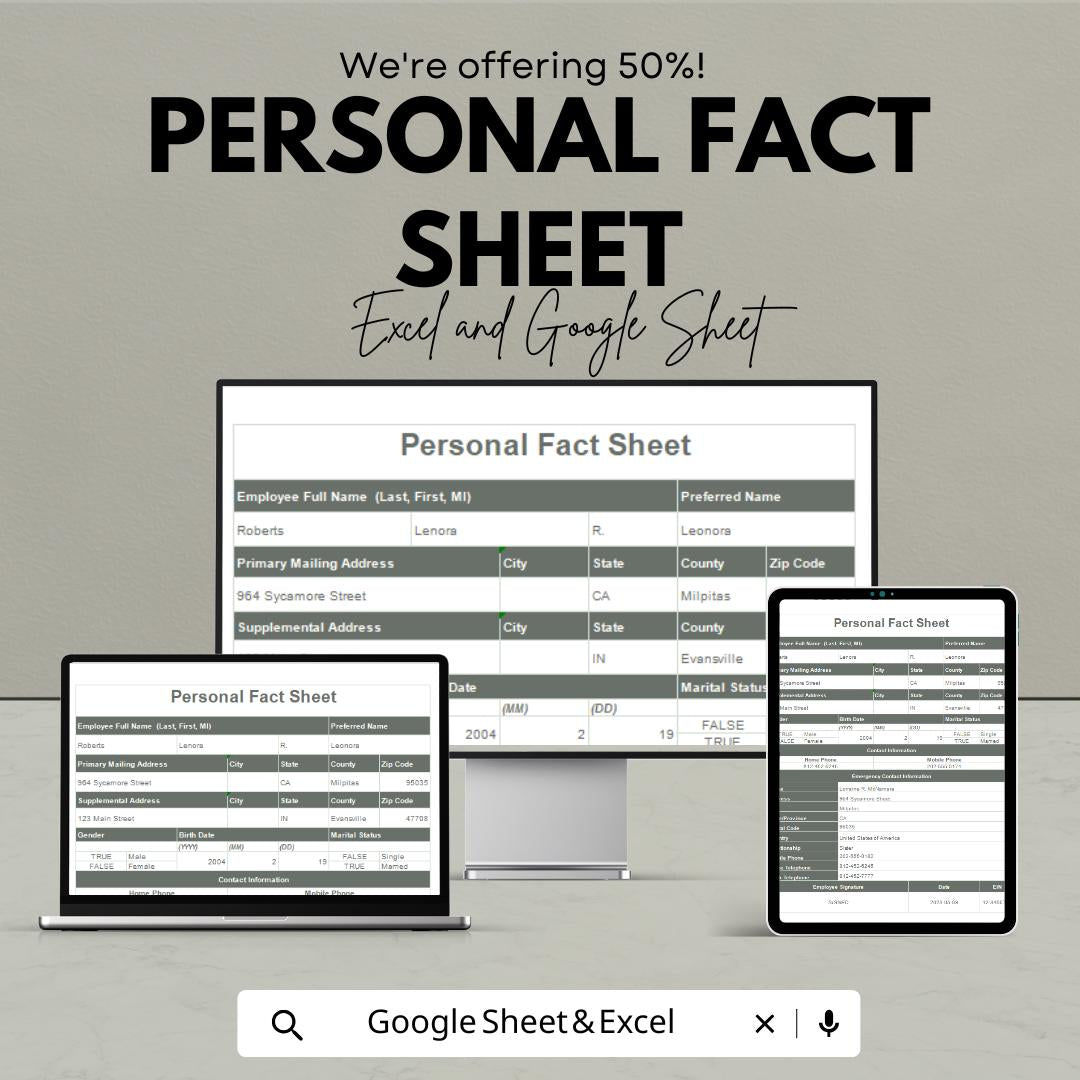Personal Fact Sheet Template | Google Sheets and Excel | Employee Information Form | Personal Data Sheet | HR Onboarding Template