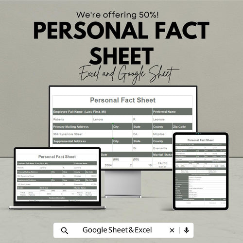 Personal Fact Sheet Template | Google Sheets and Excel | Employee Information Form | Personal Data Sheet | HR Onboarding Template