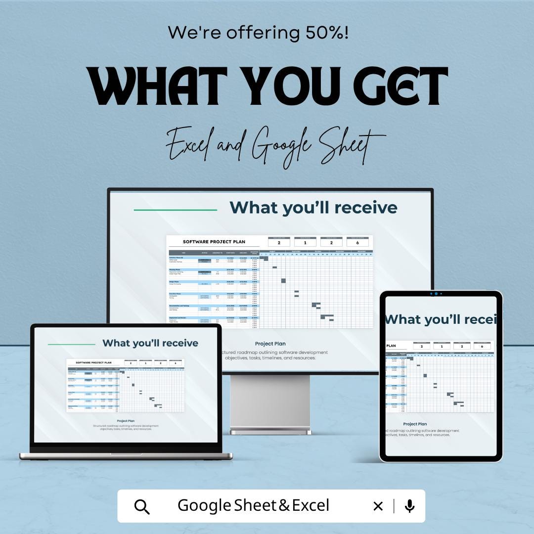 Software Project Plan Template | Project Management Spreadsheet | Gantt Chart Planner | Excel & Google Sheets | Task Tracker Dashboard