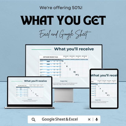 Software Project Plan Template | Project Management Spreadsheet | Gantt Chart Planner | Excel & Google Sheets | Task Tracker Dashboard