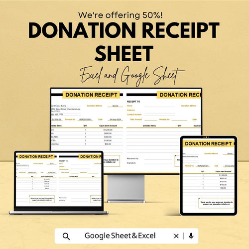 Donation Receipt Template Sheet | Excel & Google Sheet | Tax-Deductible Donation Tracker | Customizable Donation Receipt