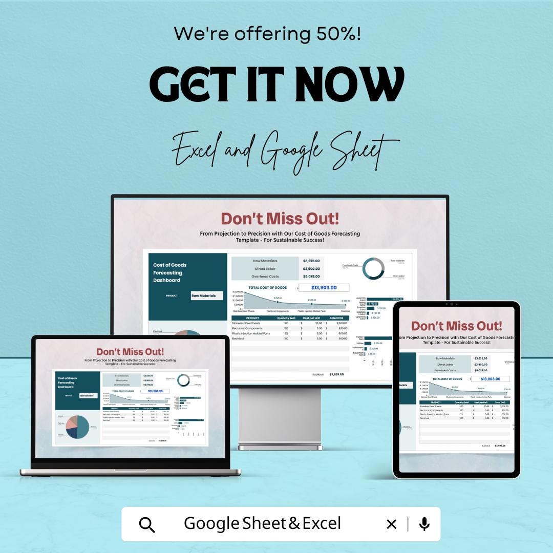 Cost of Goods (COG) Forecasting Sheet | Excel and Google Sheet | 50% OFF | Budgeting & Financial Planning Template
