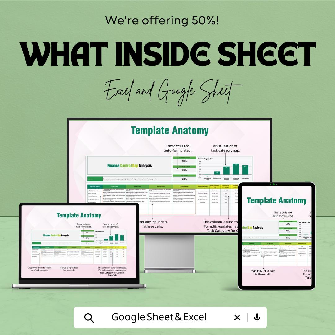 Finance Control Gap Analysis Template, Internal Control Assessment, Financial Audit Spreadsheet, Compliance Gap Tracker, Excel Google Sheets
