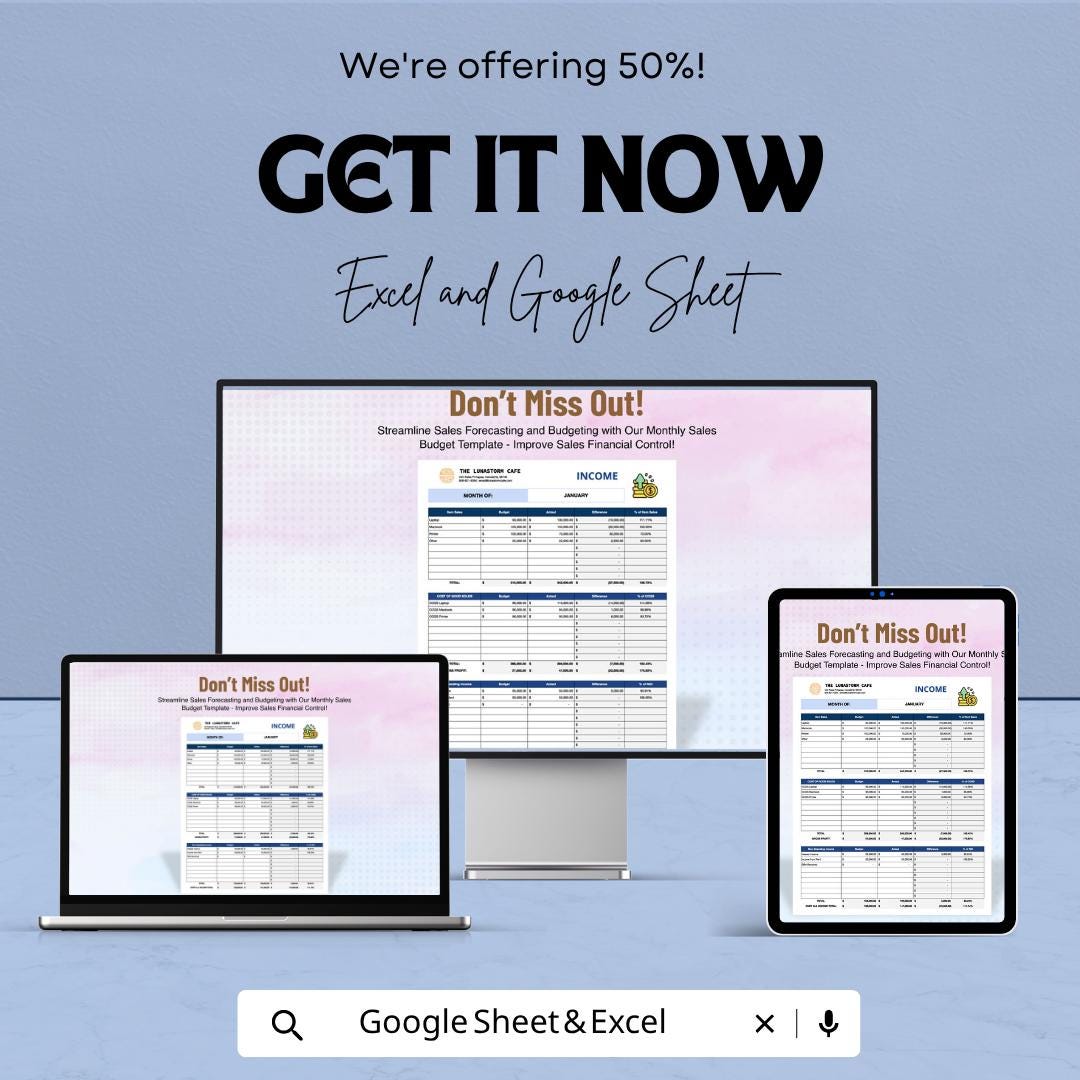Monthly Sales Budget Template | Sales Budget Spreadsheet | Revenue Tracker Template | Sales Forecast Planner