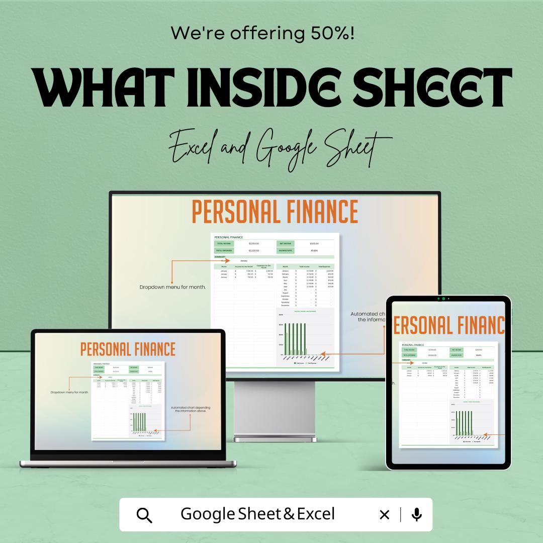 Personal Finance Template | Income and Expense Tracker | Monthly Finance Dashboard | Money Management Spreadsheet