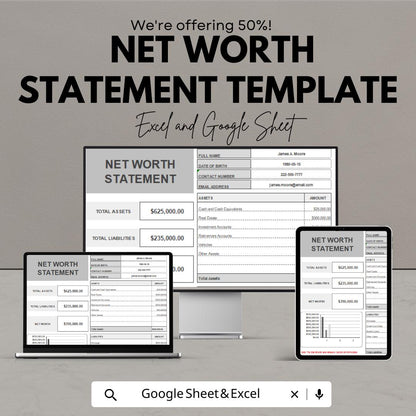 Net Worth Statement Template | Excel and Google Sheets | Personal Finance Tracker, Asset & Liability Calculator, Budget Planner