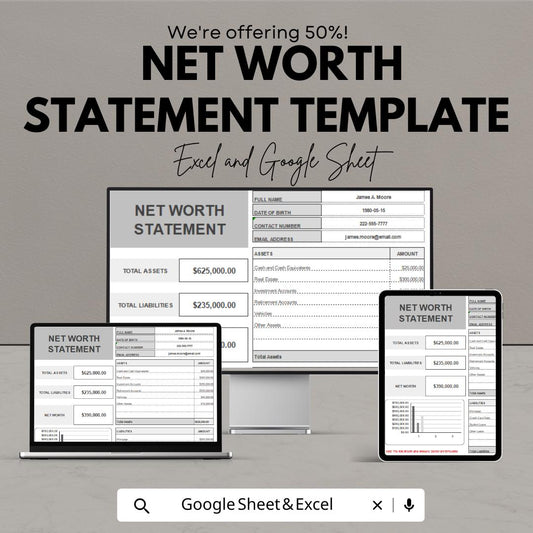 Net Worth Statement Template | Excel and Google Sheets | Personal Finance Tracker, Asset & Liability Calculator, Budget Planner