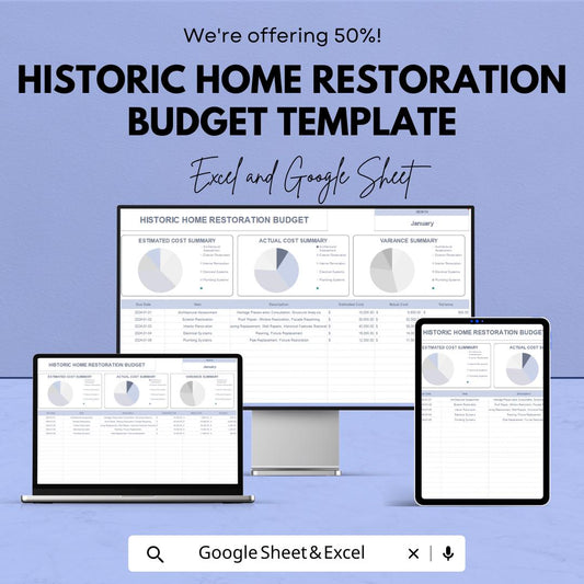 Historic Home Restoration Budget Template | Excel & Google Sheets | Renovation Cost Planner | Historic Property Budget Spreadsheet