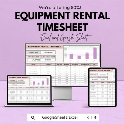 Equipment Rental Timesheet | Excel & Google Sheet for Tracking Equipment Usage, Costs, and Maintenance