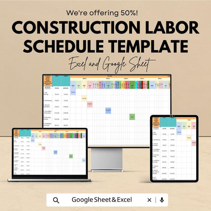 Construction Labor Schedule Template | Project Timeline Spreadsheet | Contractor Work Schedule | Gantt Chart Planner
