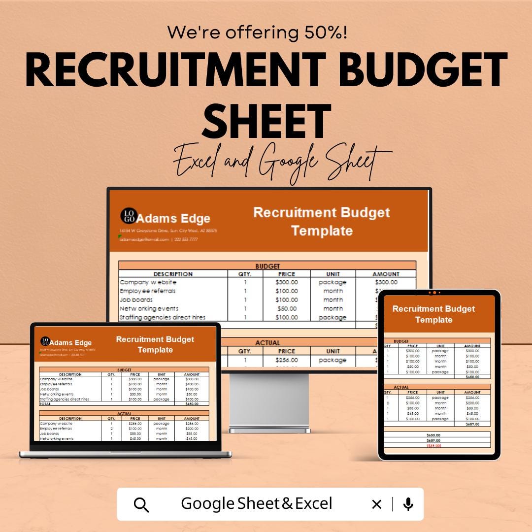 Recruitment Budget Sheet | Excel & Google Sheets Template for Recruitment Costs Management
