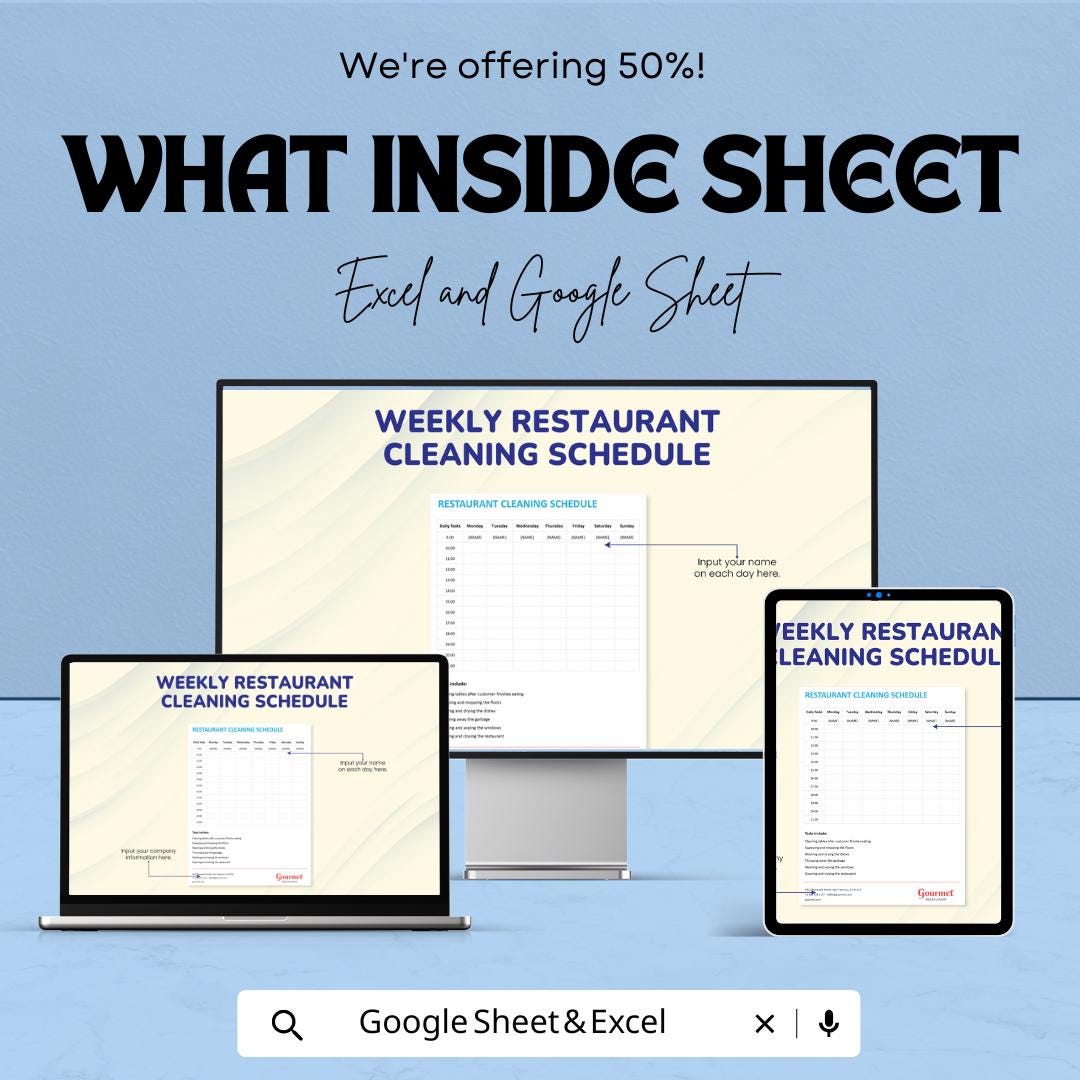Weekly Restaurant Cleaning Schedule Template – Excel & Google Sheet | Task Management | Organize Cleaning Tasks | 50% Off