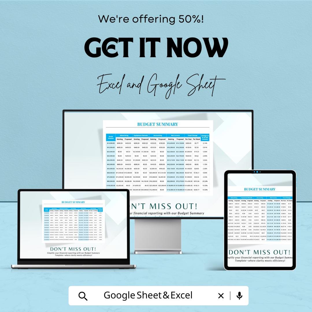 Budget Summary Template | Financial Overview Spreadsheet | Income and Expense Planner | Business Budget Report