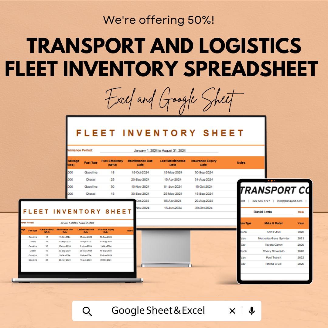 Fleet Inventory Template | Transport and Logistics Vehicle Tracker | Google Sheet & Excel Fleet Management Spreadsheet | Maintenance Log