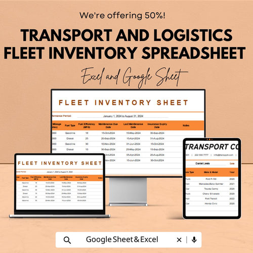 Fleet Inventory Template | Transport and Logistics Vehicle Tracker | Google Sheet & Excel Fleet Management Spreadsheet | Maintenance Log