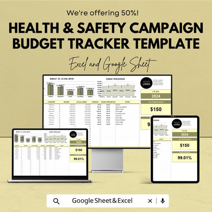 Health & Safety Campaign Budget Tracker Template | Excel and Google Sheets | Safety Budget Planner | HSE Campaign Cost Tracker