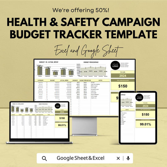Health & Safety Campaign Budget Tracker Template | Excel and Google Sheets | Safety Budget Planner | HSE Campaign Cost Tracker