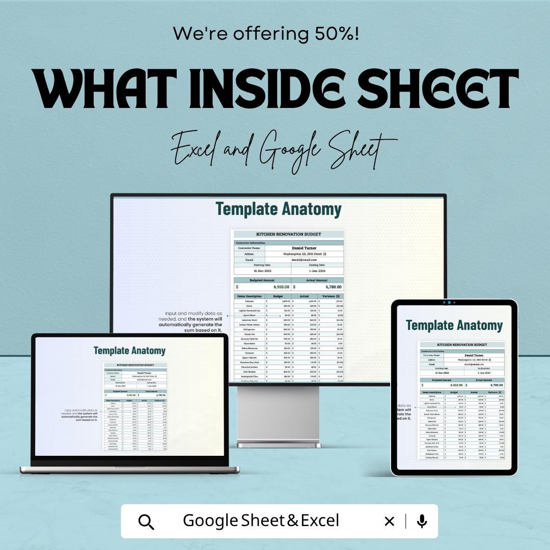 Kitchen Renovation Budget Template Excel Google Sheets | Home Remodel Budget Planner | Kitchen Remodel Cost Tracker | Contractor Expense