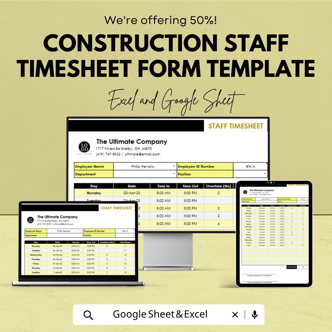 Construction Staff Timesheet Template Excel Google Sheets | Employee Time Tracker | Payroll Spreadsheet | Workforce Management Sheet |