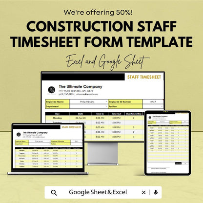 Construction Staff Timesheet Template Excel Google Sheets | Employee Time Tracker | Payroll Spreadsheet | Workforce Management Sheet |