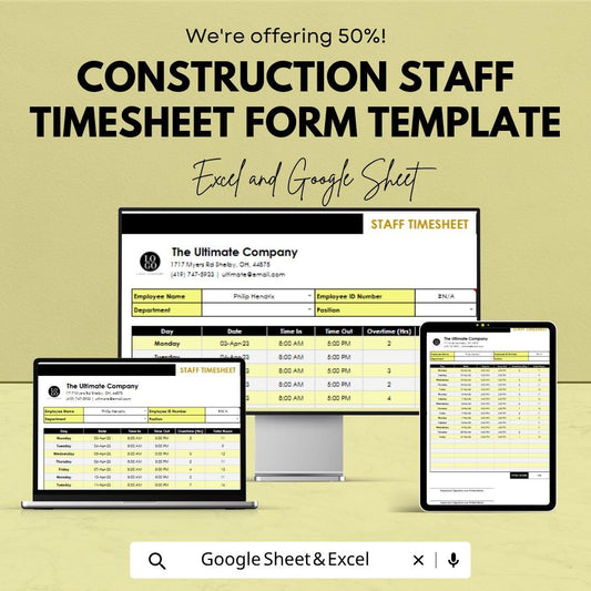 Construction Staff Timesheet Template Excel Google Sheets | Employee Time Tracker | Payroll Spreadsheet | Workforce Management Sheet |