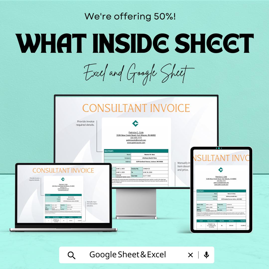 Freelance Consultant Invoice Sheet - Excel and Google Sheet Template | Professional Billing & Invoice Tracker | 50% Off