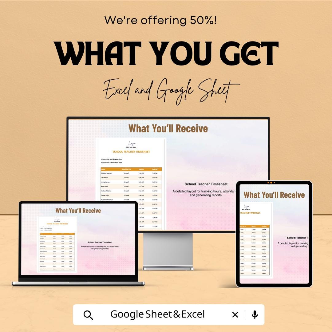 School Teacher Timesheet Template - Excel & Google Sheets - Teacher Work Hours Tracker - Daily Attendance Sheet - Customizable Time Log