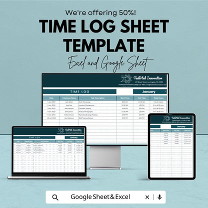 Time Log Sheet Template | Excel Time Tracker Spreadsheet | Employee Hours Tracker Template | Google Sheets & Excel |