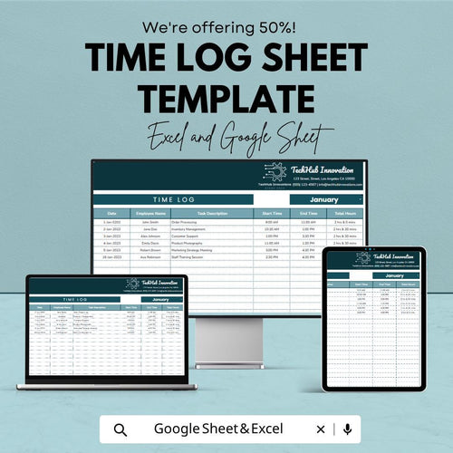Time Log Sheet Template | Excel Time Tracker Spreadsheet | Employee Hours Tracker Template | Google Sheets & Excel |