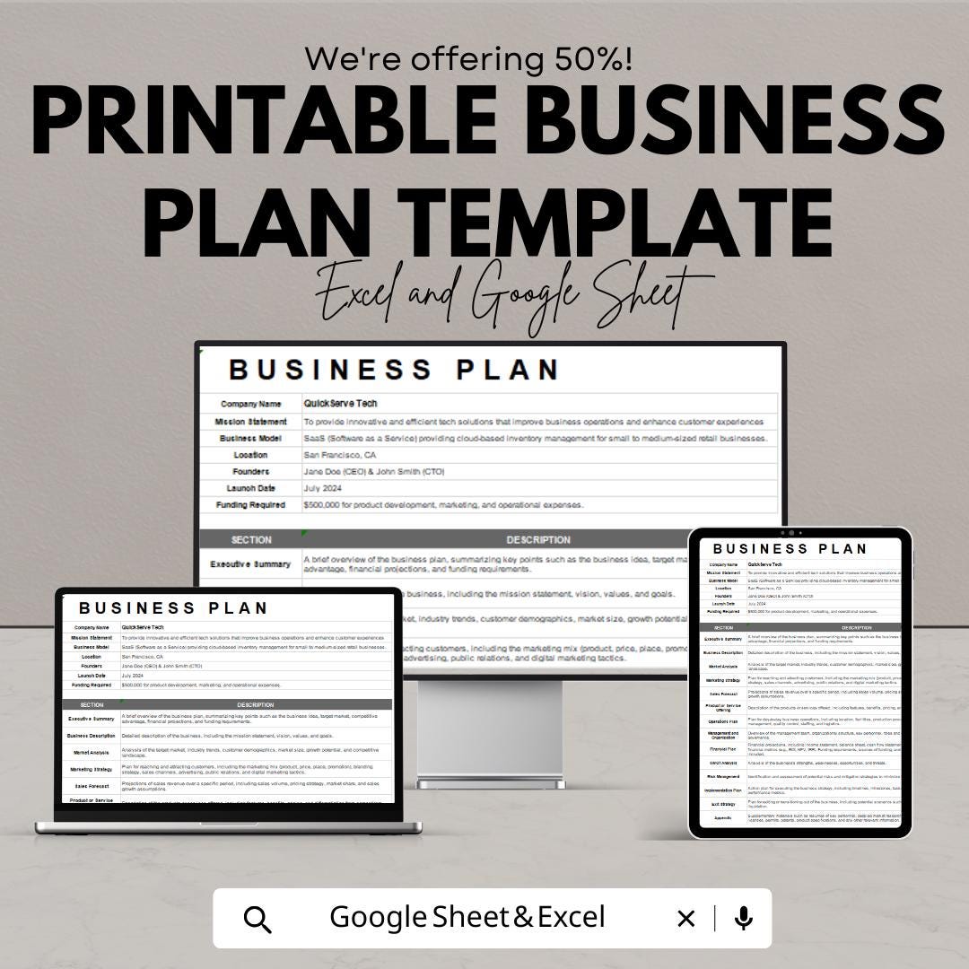 Printable Business Plan Template | Small Business Startup Planner | Editable Business Proposal | Entrepreneur Planning Sheet
