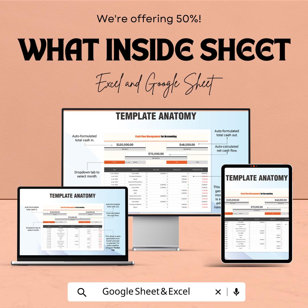 Cash Flow Management for Accounting | Excel & Google Sheet Template | 50% Off! | Financial Tracker