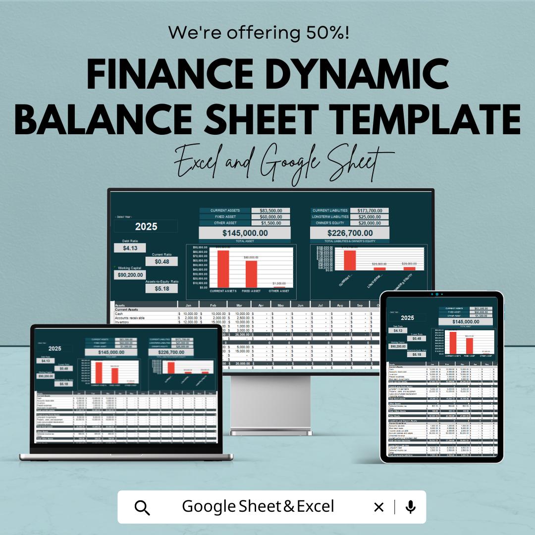 Finance Dynamic Balance Sheet Template | Financial Statement Spreadsheet | Assets & Liabilities Tracker | Business Finance Tool