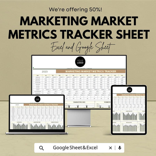 Marketing Market Metrics Tracker Sheet -Google Sheet - Marketing ROI Dashboard - Track Website Traffic & Conversion - Marketing Performance