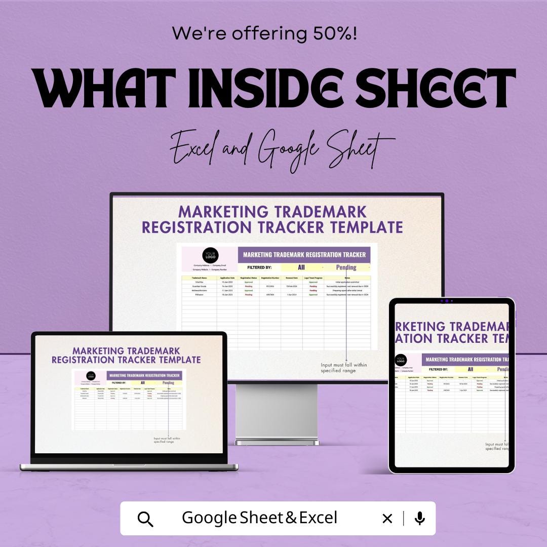 Marketing Trademark Registration Tracker Template | Trademark Tracking Sheet | Brand Protection Tool | Excel & Google Sheets