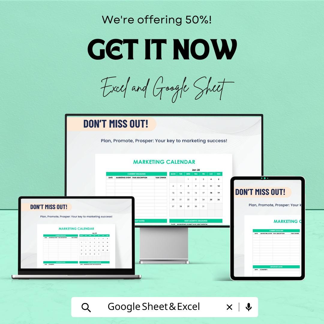Simple Marketing Calendar Sheet | Google Sheets & Excel | Editable Content Planner | Monthly Marketing Schedule | Campaign Tracker