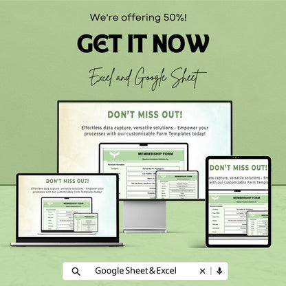 Form Template | Membership Form | Data Entry Form | Customizable Spreadsheet Template | Editable Information Form