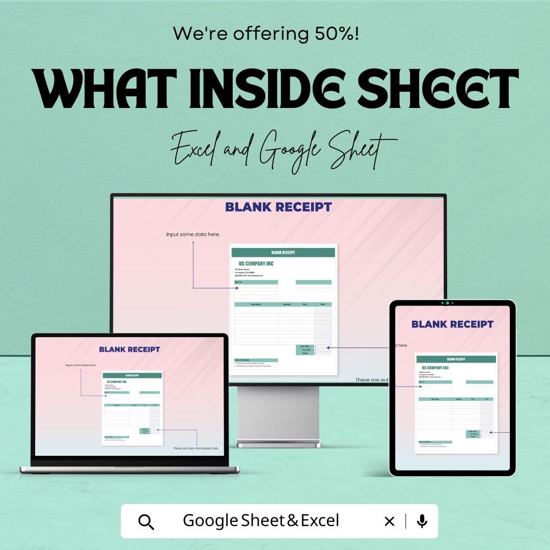 Blank Receipt Sheet for Excel & Google Sheets – Customizable Template | Digital Download – 50% OFF