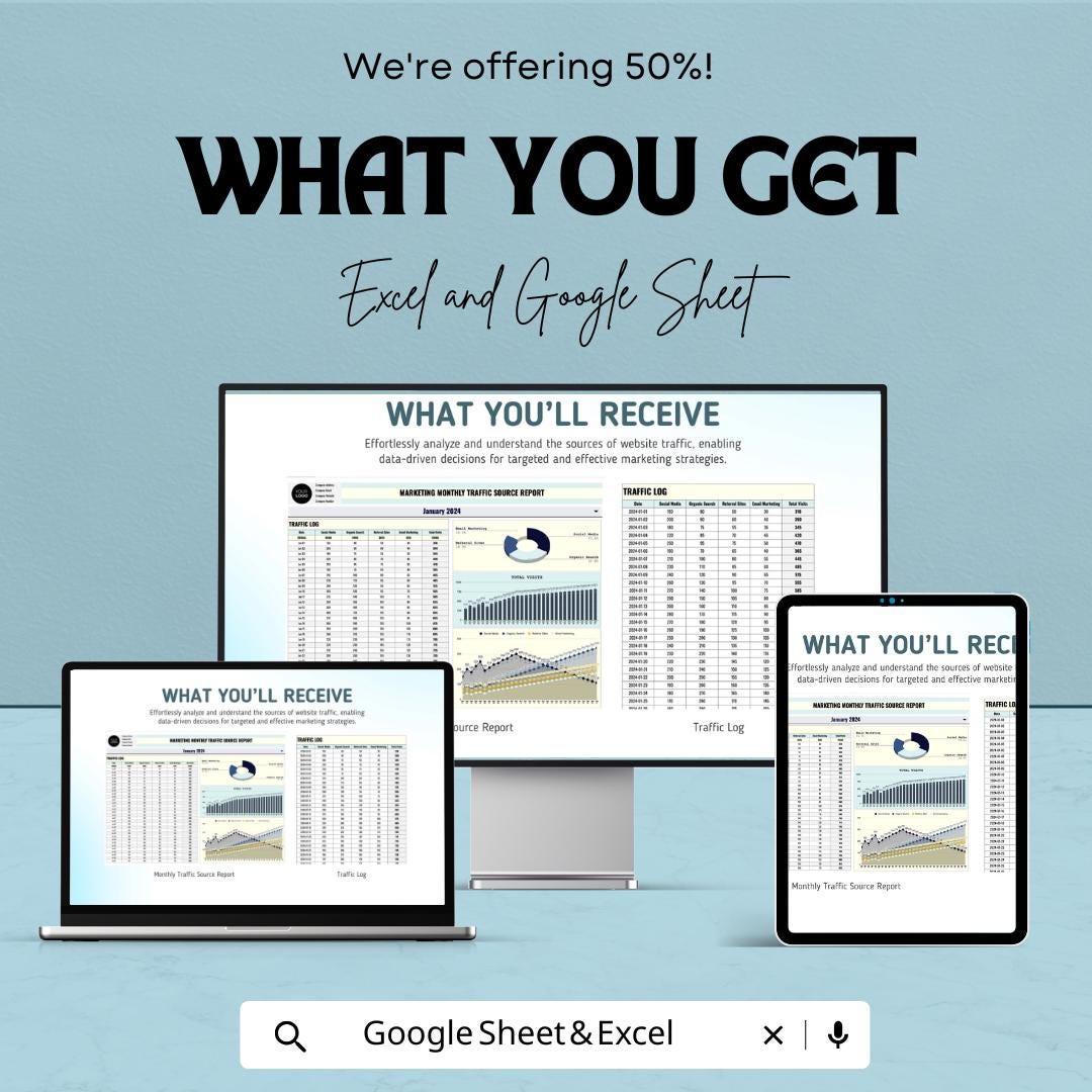 Marketing Monthly Traffic Source Report Sheet | Website Traffic Analysis & Source Tracking | Traffic Data Template | Marketing Metrics
