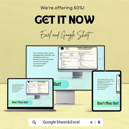 Internal Communication Effectiveness Survey HR Sheet | Excel & Google Sheet Template for Employee Feedback | 50% Off Now!