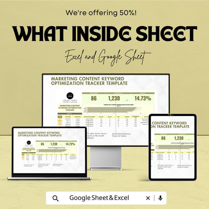 Marketing Content Keyword Optimization Tracker Template | Excel and Google Sheets | SEO Keyword Research & Content Performance Spreadsheet