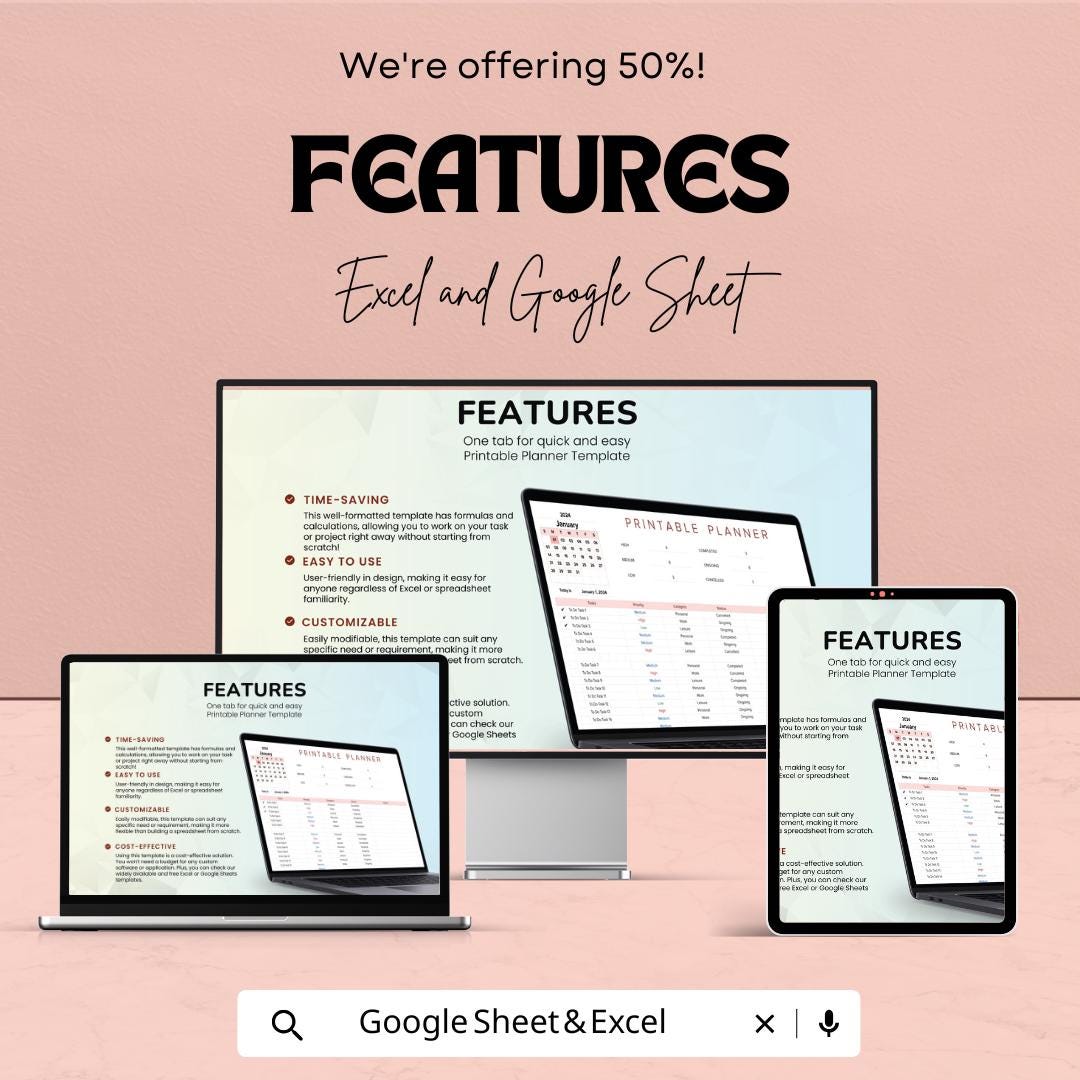 Printable Planner Sheet | Excel and Google Sheets | Task Organizer | Customizable Planner Template | Goal-Setting & Time Management