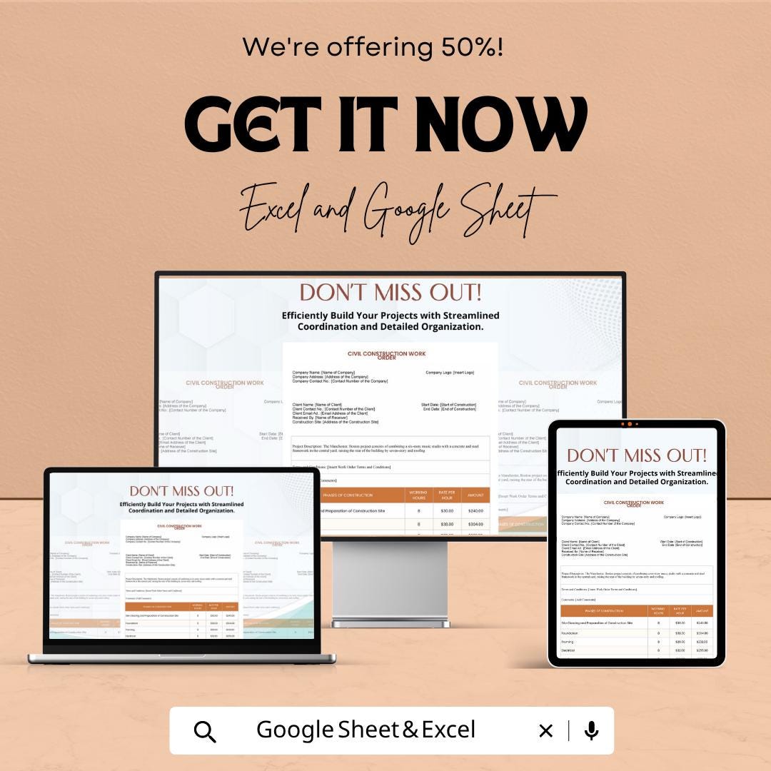 Construction Work Order Template | Contractor Job Sheet | Project Management Tracker | Excel & Google Sheets Work Order |