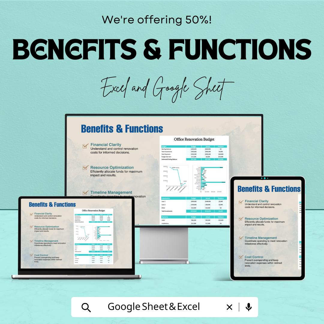 Office Renovation Budget Template | Excel & Google Sheets | Office Remodel Budget Planner | Renovation Cost Tracker | Editable Spreadsheet