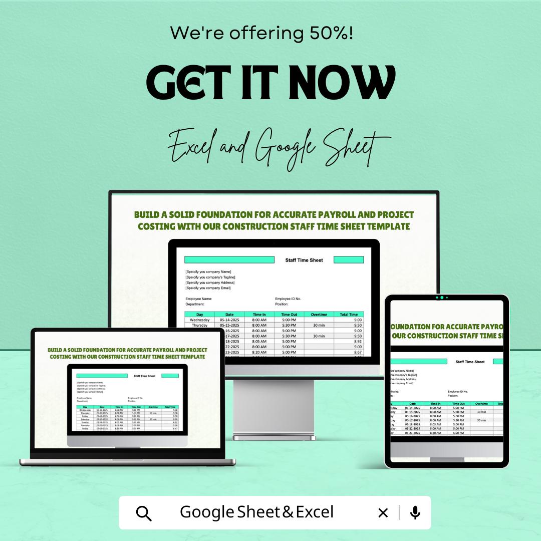 Construction Staff Time Sheet Template | Excel & Google Sheets | Track Hours, Overtime, and Payroll for Construction Projects