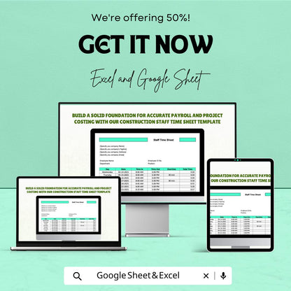 Construction Staff Time Sheet Template | Excel & Google Sheets | Track Hours, Overtime, and Payroll for Construction Projects