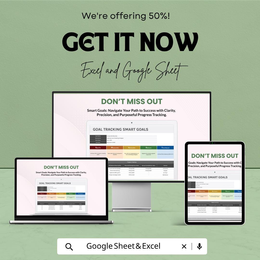 SMART Goals Tracker Excel Template | Goal Tracking Planner | Productivity Tracker | Goal Setting Worksheet | Business Goal Planner