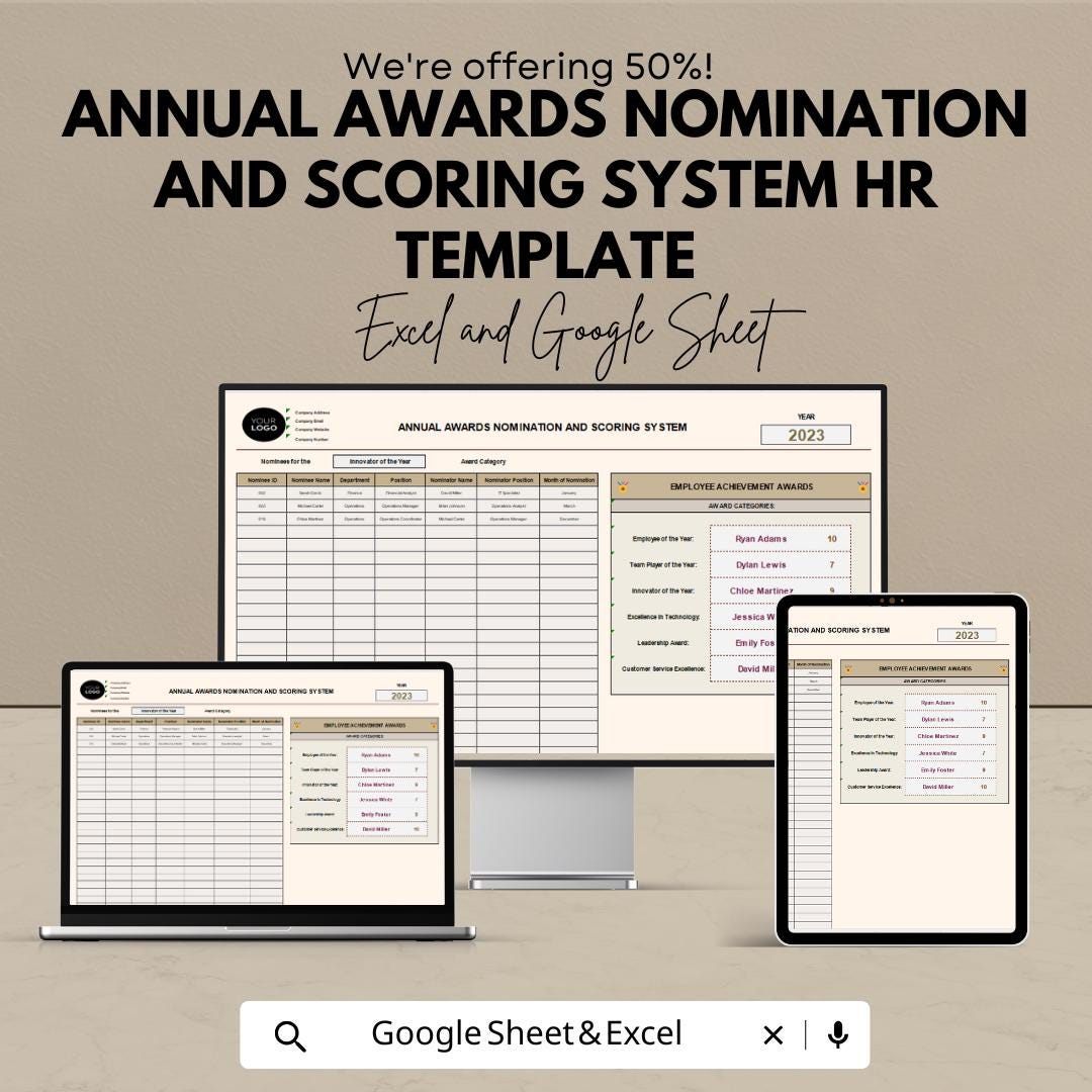 Annual Awards Nomination and Scoring System HR Template | Employee Recognition Program | Excel and Google Sheets Award Tracker