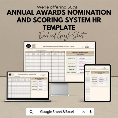 Annual Awards Nomination and Scoring System HR Template | Employee Recognition Program | Excel and Google Sheets Award Tracker